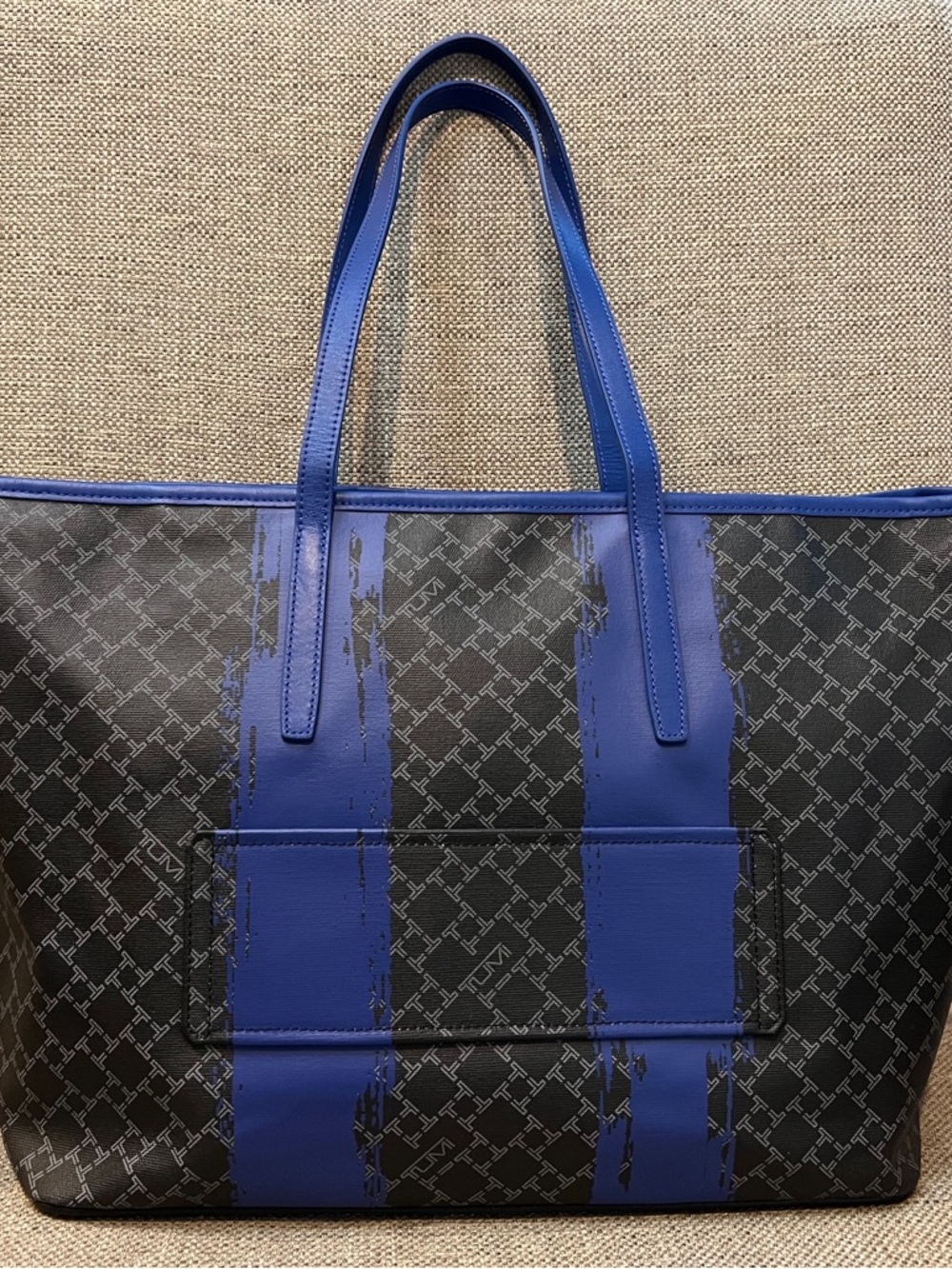 Tumi Black and Blue Logo Canvas Tote with Blue Leather Accents